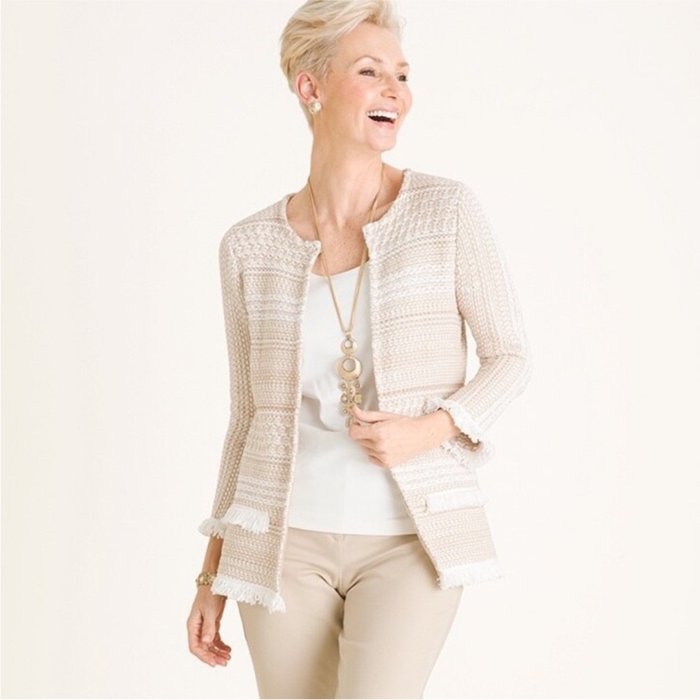 Chico’s Textured Cotton Knit Fringe Cardigan Sweater Beige & White 1/US8 - Picture 3 of 11